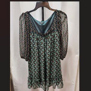 Dark Cottage core semi sheer green and black floral print top mini dress